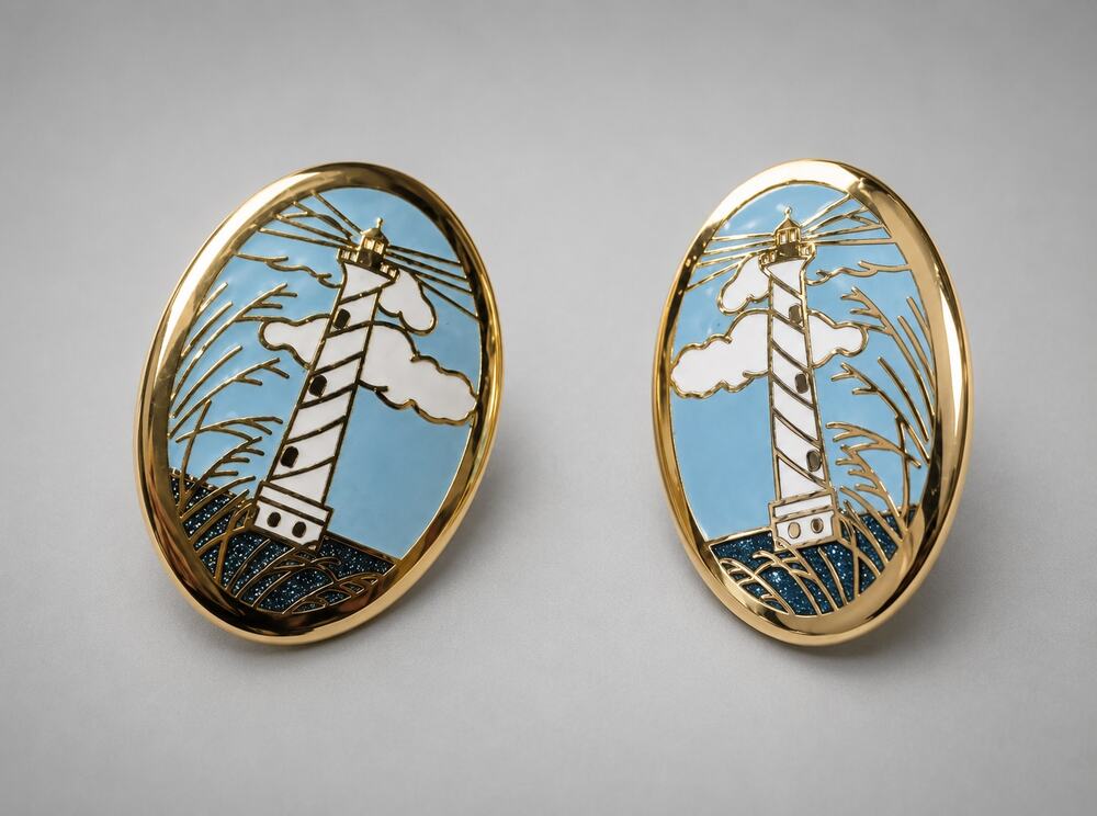 Pierced Enamel Lighthouse‎ Earrings Nautical Blue Gold-tone Vintage bp-99